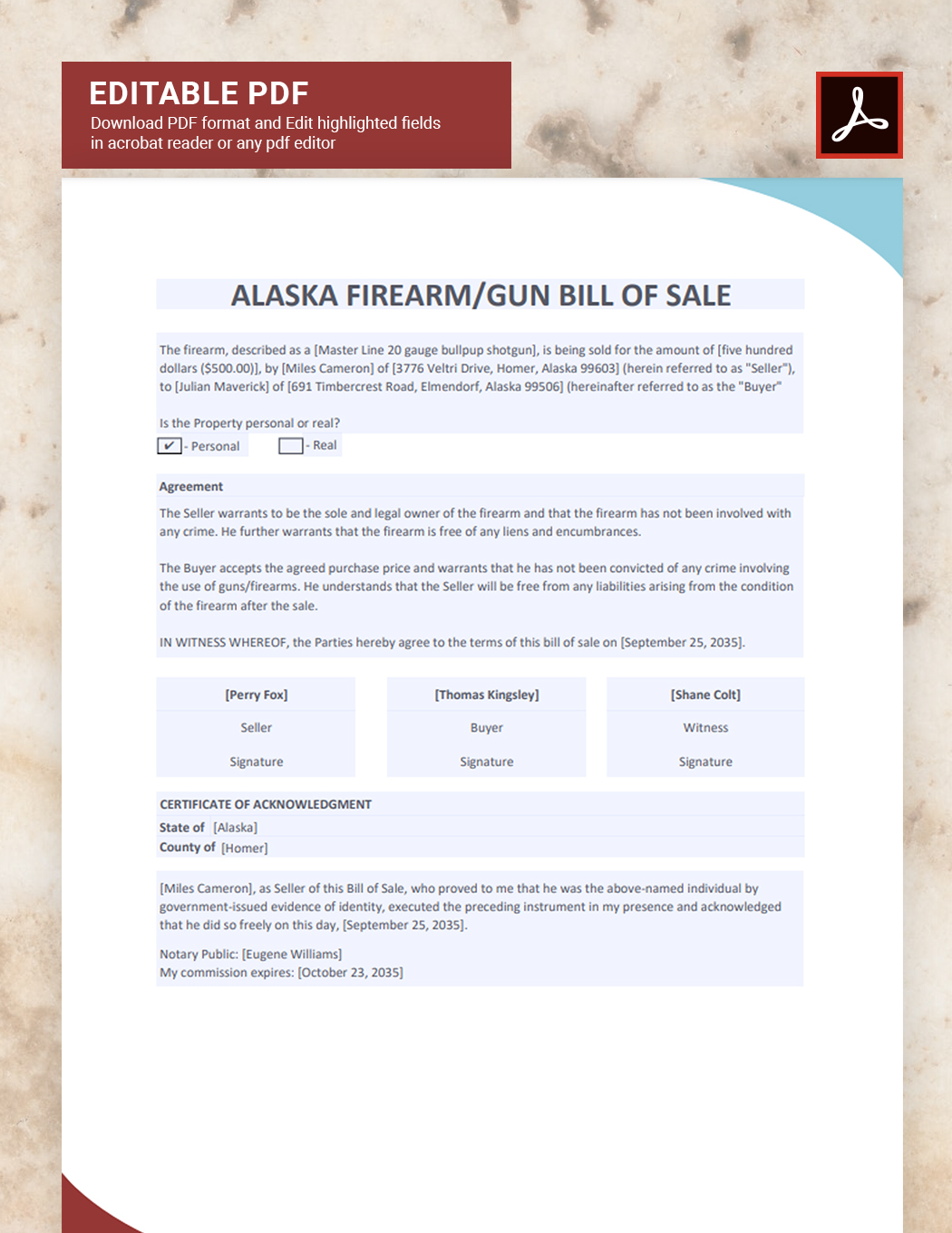 Alaska Firearm/Gun Bill of Sale Template