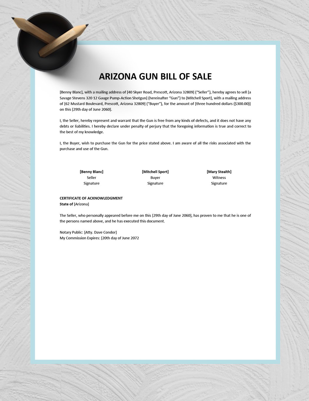 Arizona Firearm/Gun Bill of Sale Template