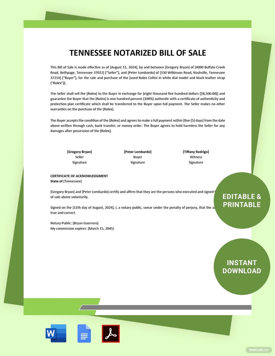 Free Tennessee Notarized Bill of Sale Form Template in Word, Google Docs, PDF