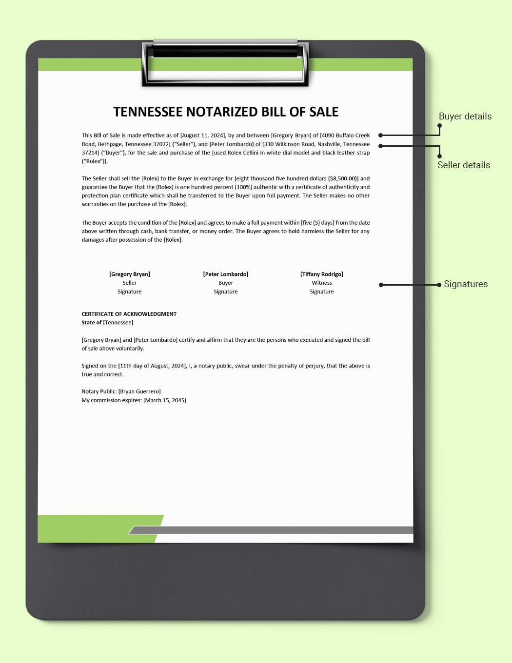 Free Tennessee Notarized Bill Of Sale Form Template Download In Word 