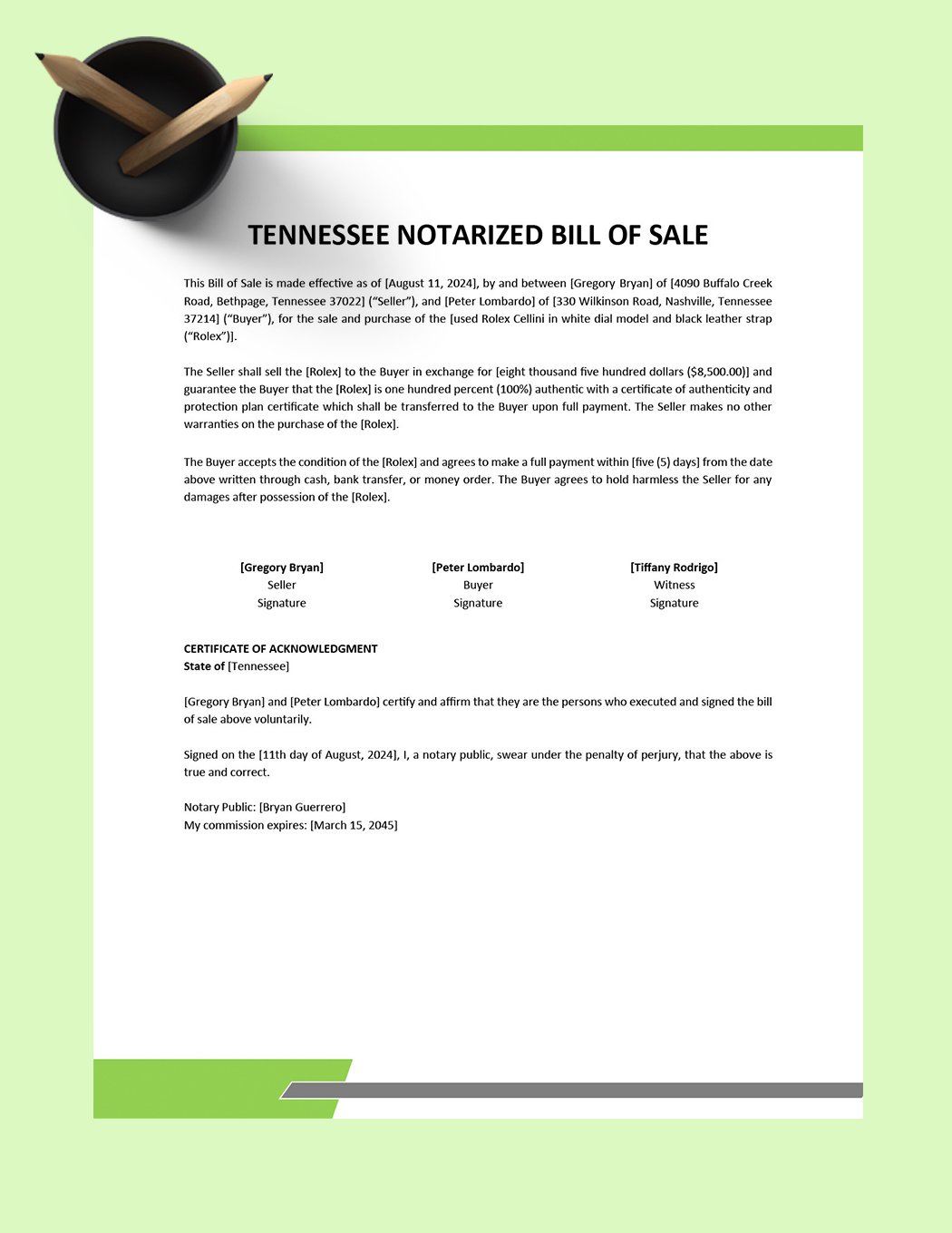 Tennessee Notarized Bill of Sale Form Template