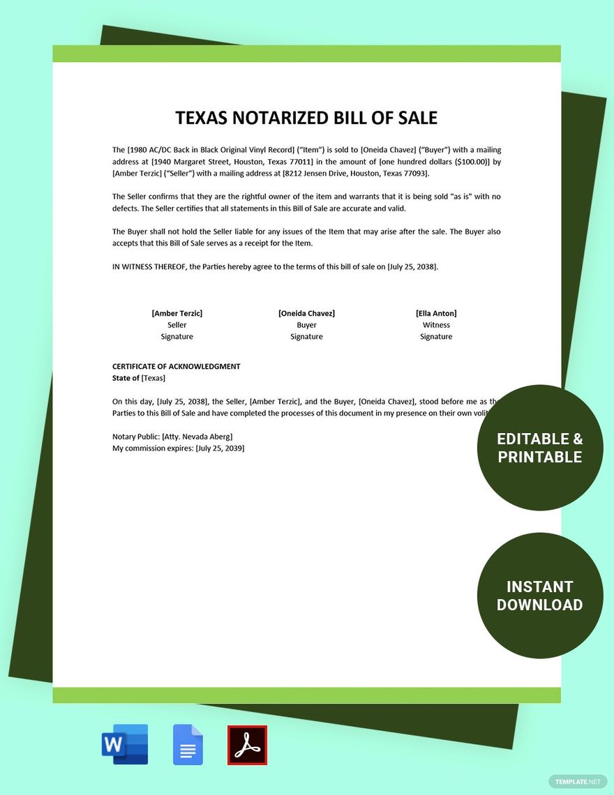 Texas Notarized Bill of Sale Template in Word, Google Docs, PDF