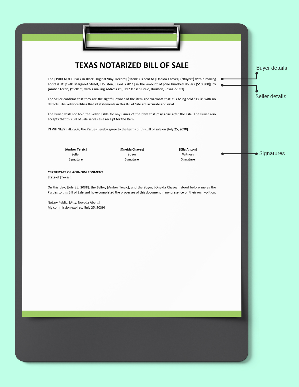 Texas Notarized Bill of Sale Template