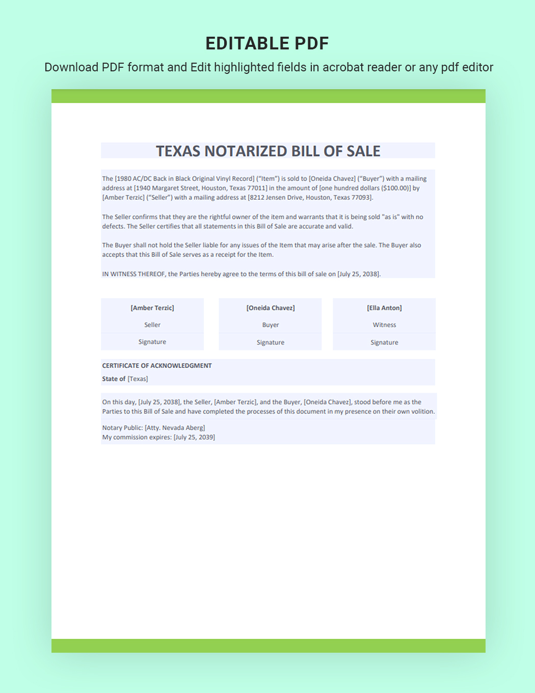 Texas Notarized Bill of Sale Template