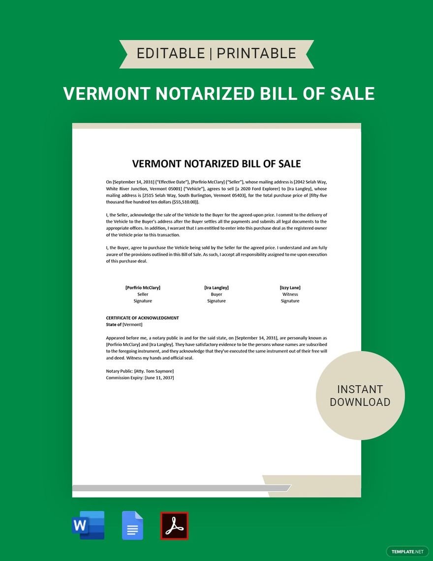 Vermont Notarized Bill Of Sale Template