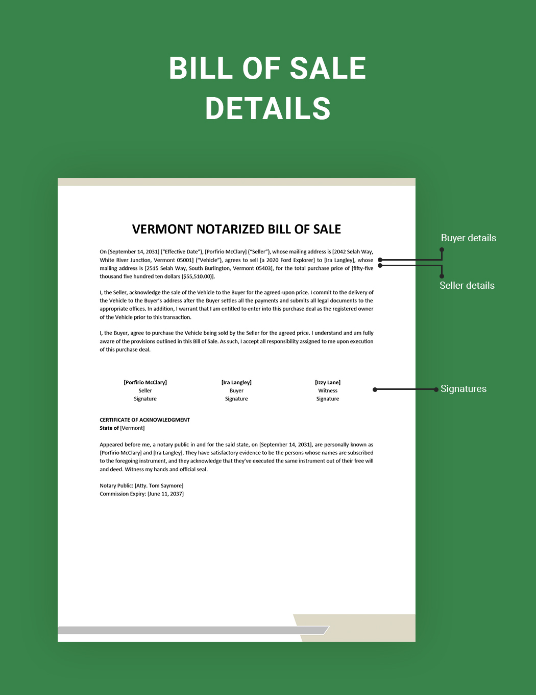 Vermont Notarized Bill Of Sale Template