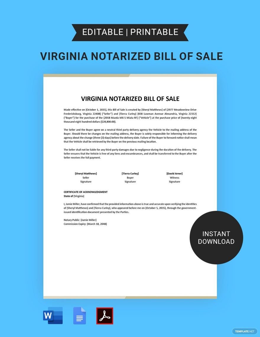 Virginia Notarized Bill of Sale Template in Word, Google Docs, PDF