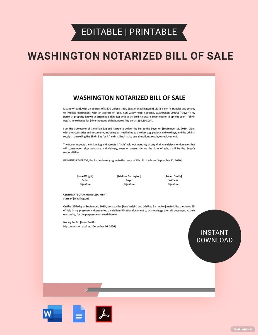 Washington Notarized Bill of Sale Template - Download in Word