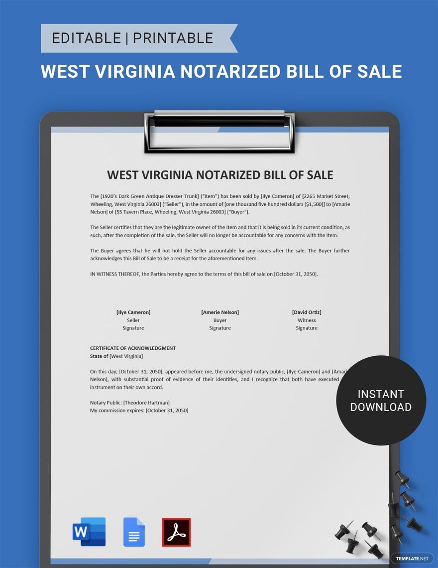 West Virginia Notarized Bill Of Sale Template Download In Word 