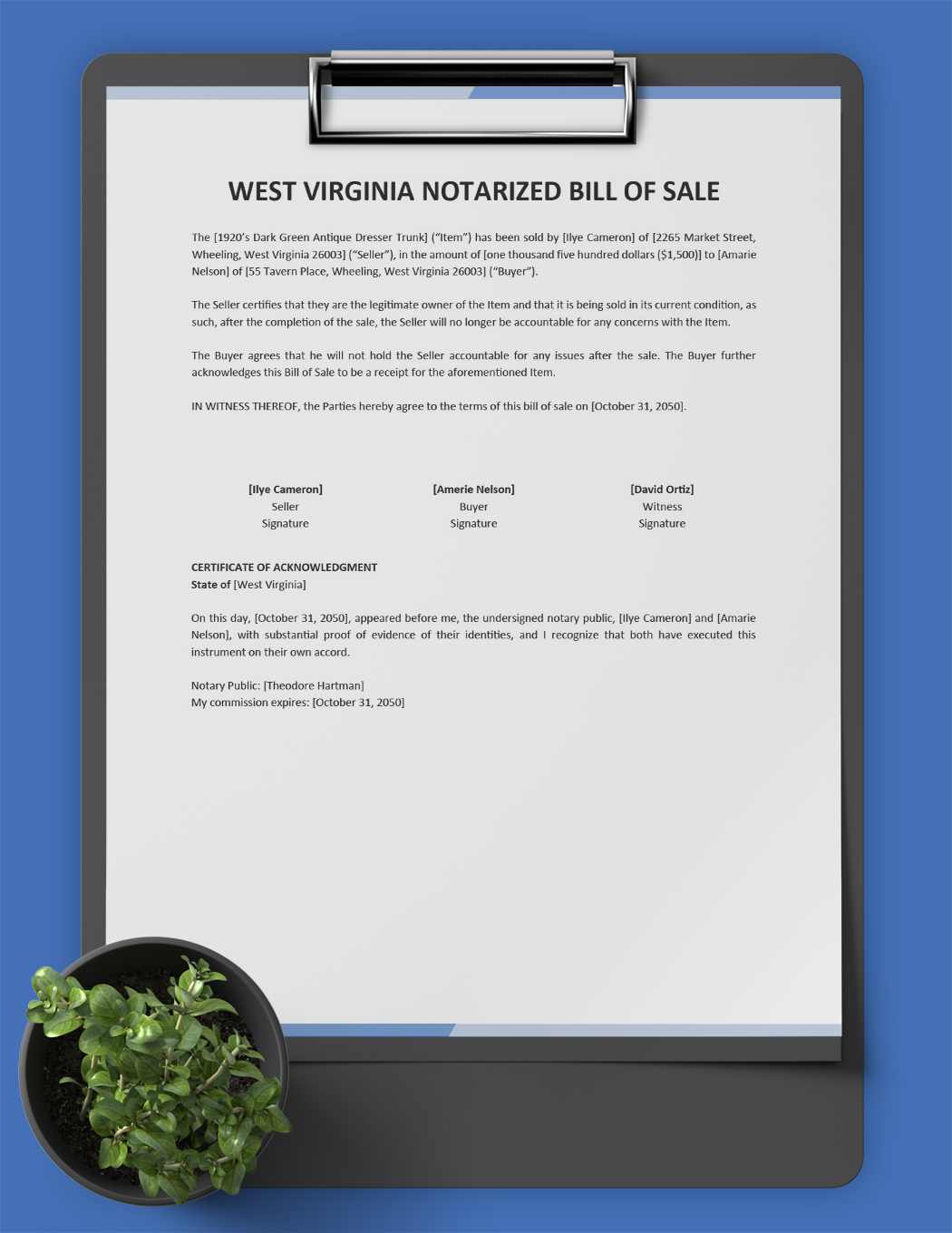 West Virginia Notarized Bill of Sale Template