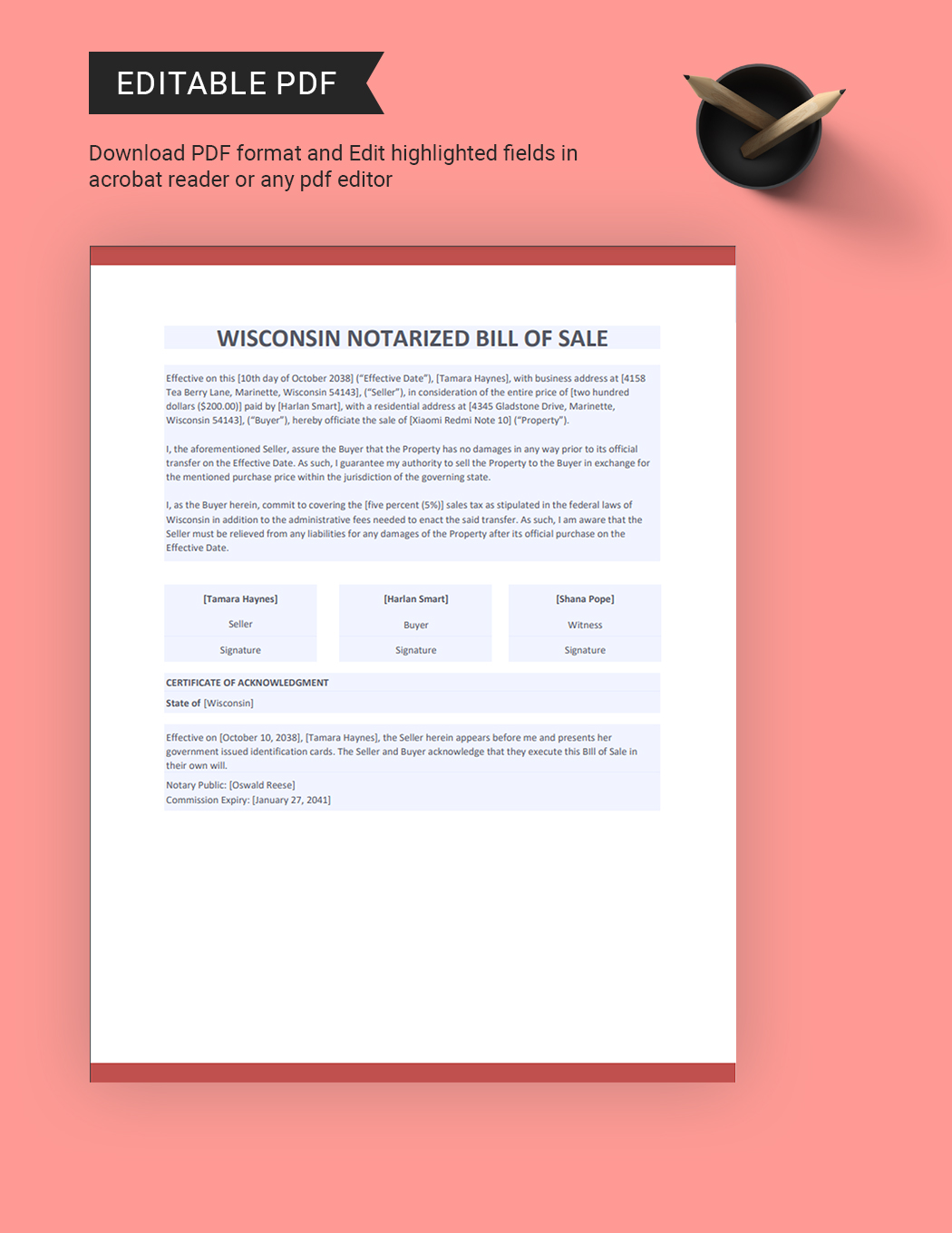 Wisconsin Notarized Bill of Sale Template