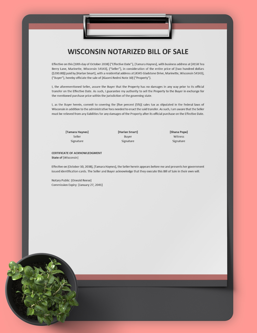 Wisconsin Notarized Bill of Sale Template