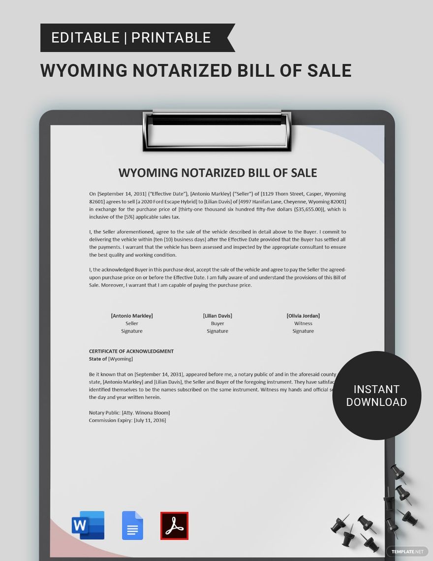 Wyoming Notarized Bill of Sale Template