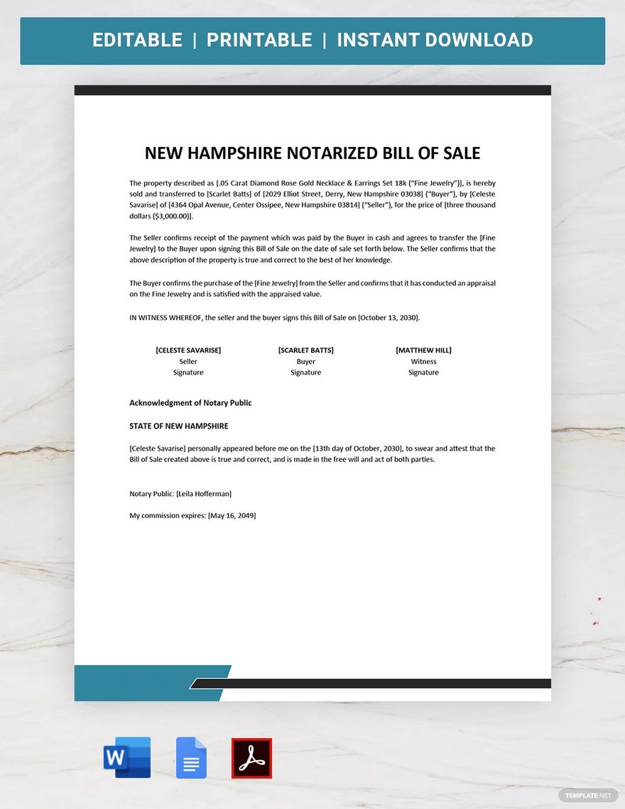 New Hampshire Notarized Bill of Sale Template