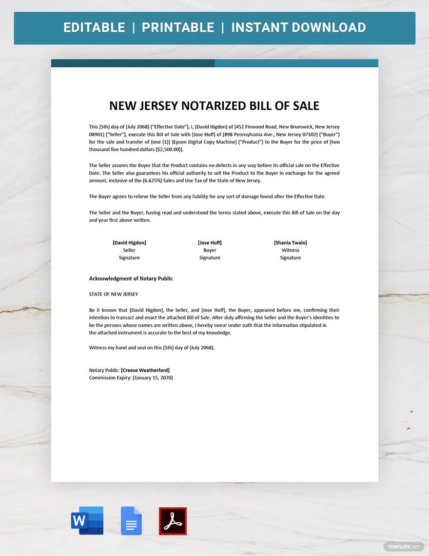New Jersey Notarized Bill of Sale Template