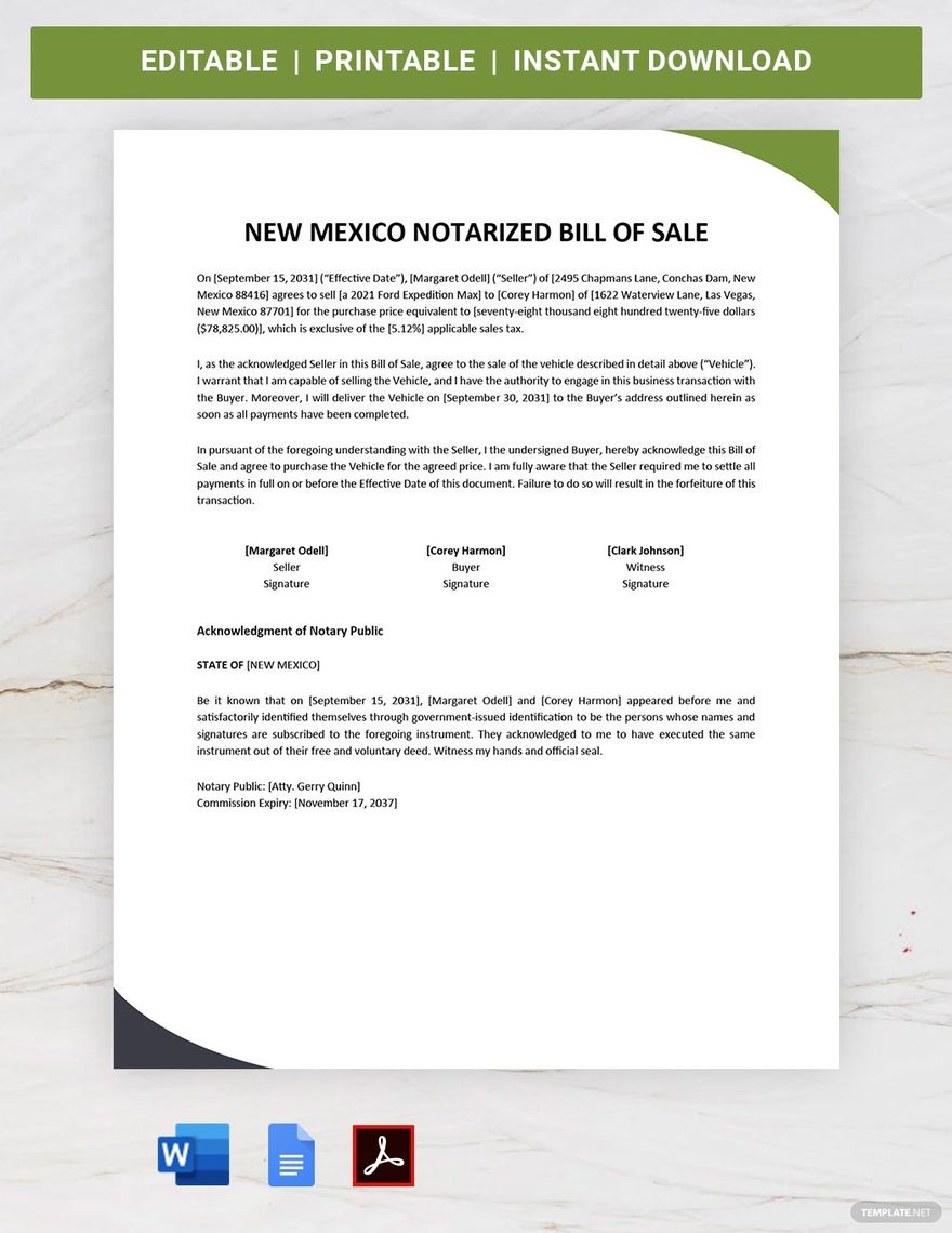 Free New Mexico Notarized Bill of Sale Template in Word, Google Docs, PDF