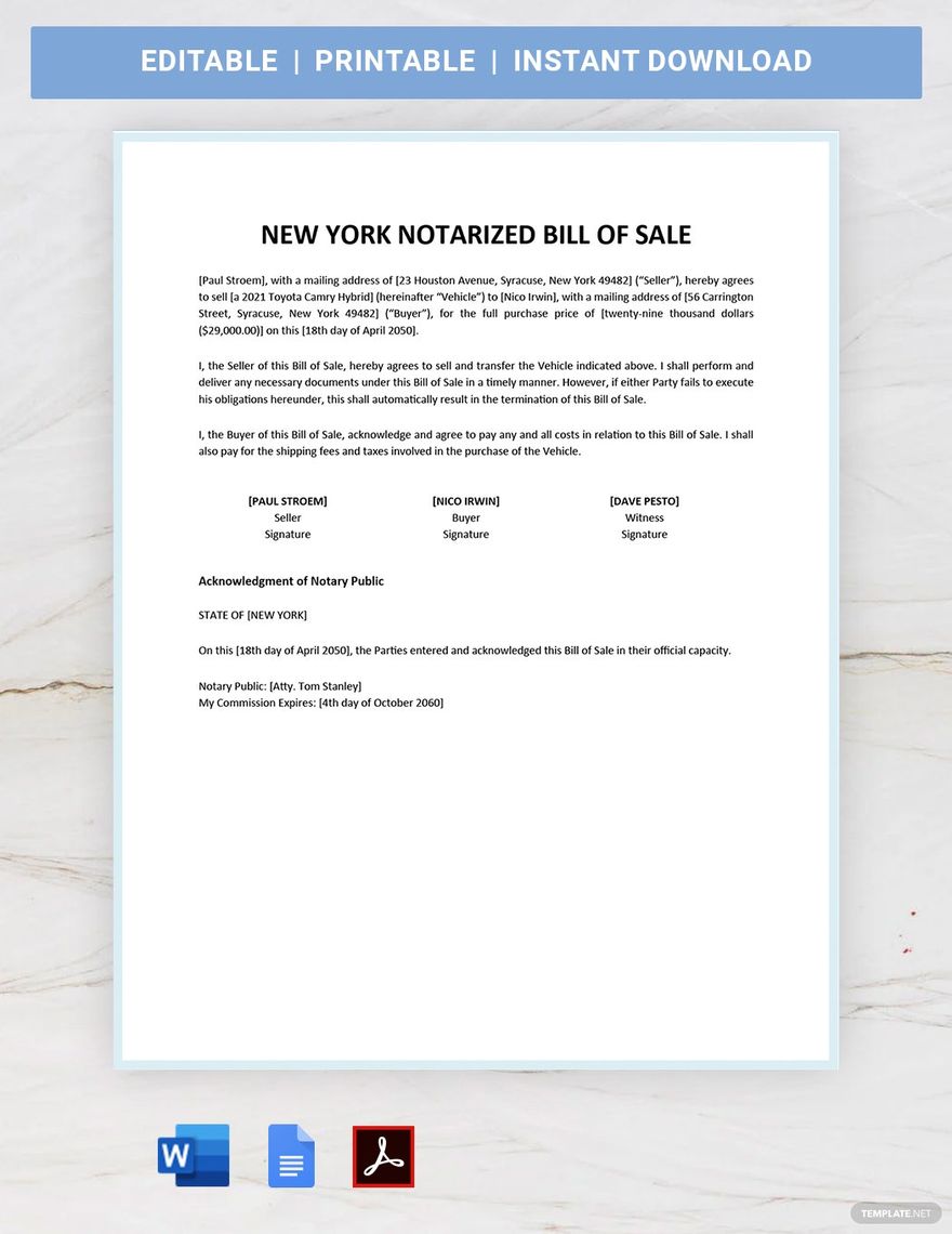 New York Notarized Bill Of Sale Template Google Docs Word PDF Template
