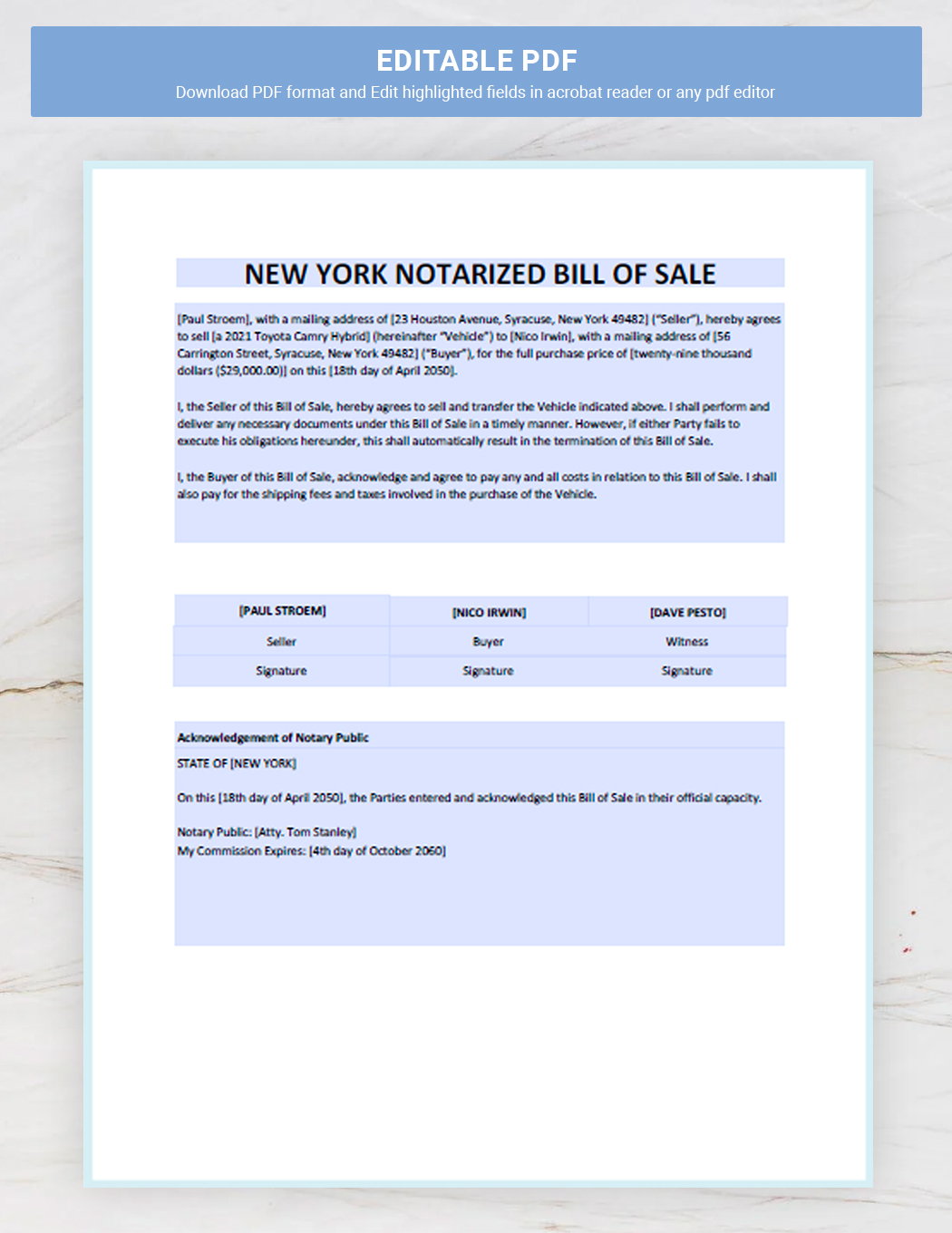 New York Notarized Bill of Sale Template Google Docs, Word, PDF