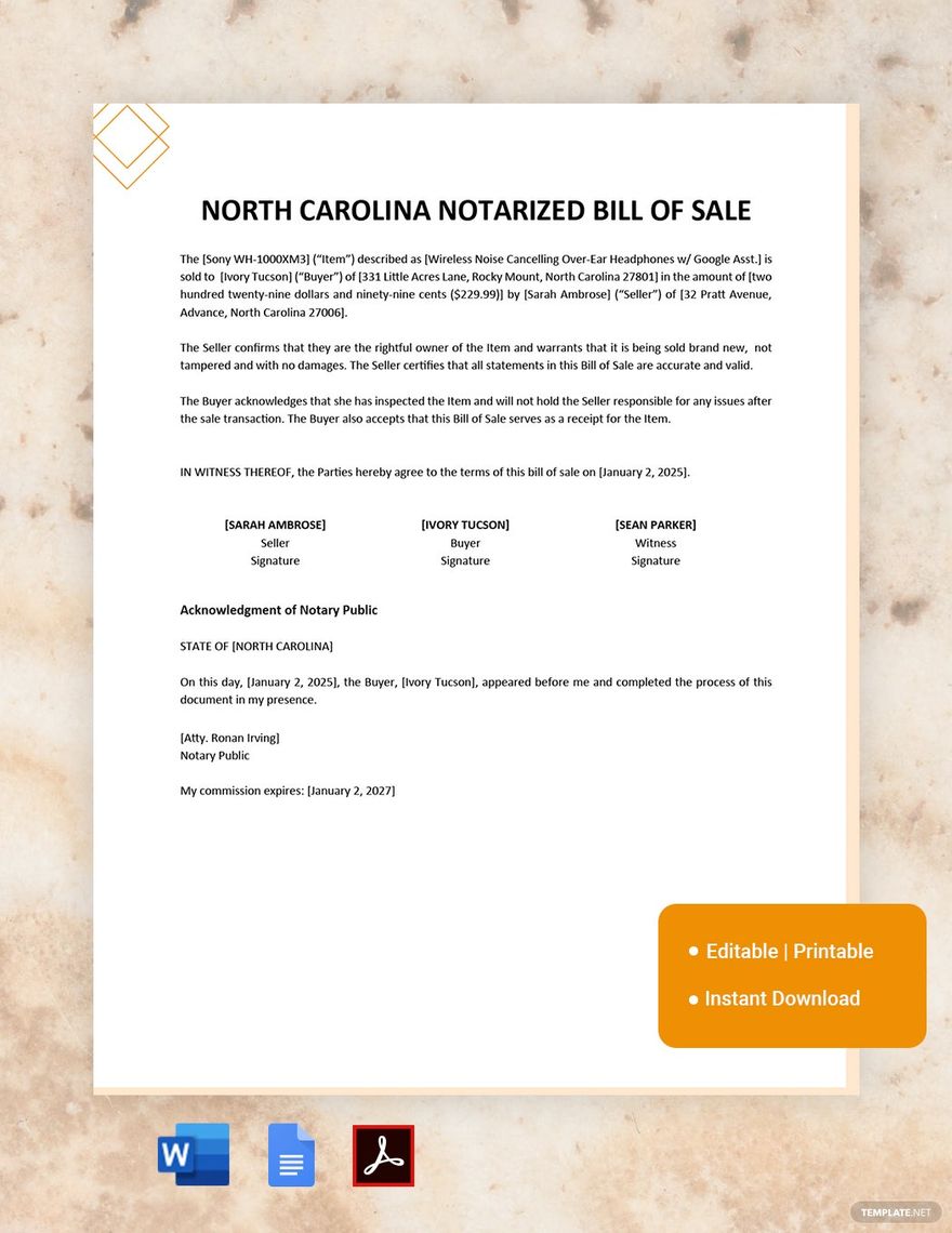 North Carolina Notarized Bill of Sale Template