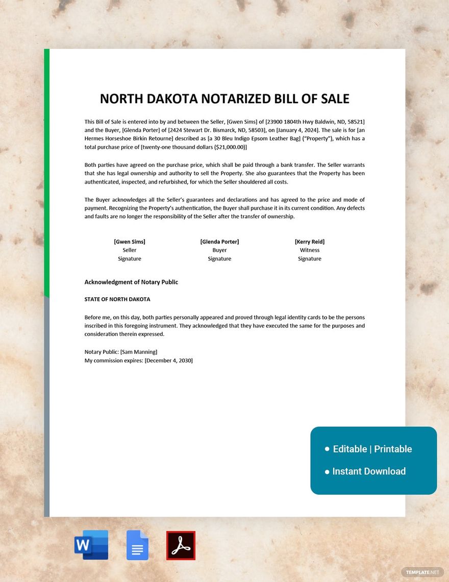 North Dakota Notarized Bill of Sale Template