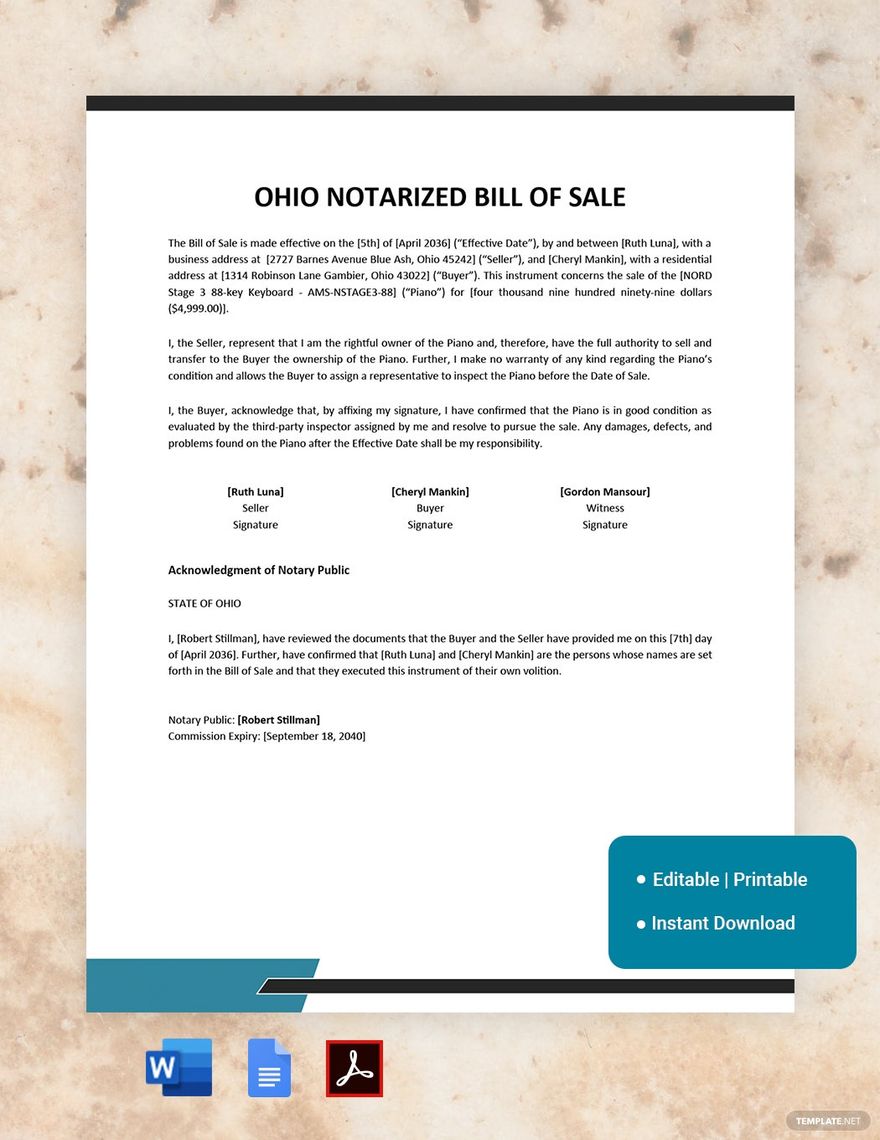 Ohio Notarized Bill of Sale Template