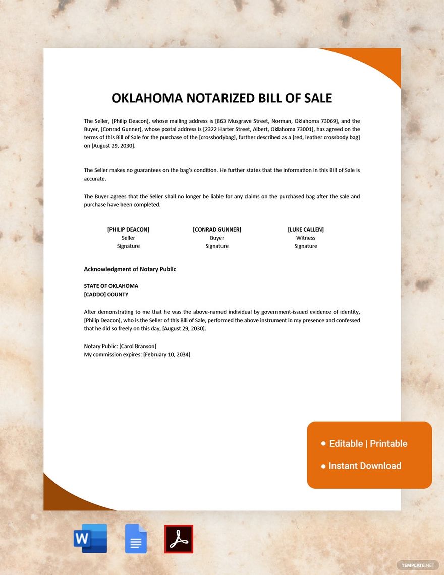 Oklahoma Notarized Bill of Sale Template in Word, Google Docs, PDF