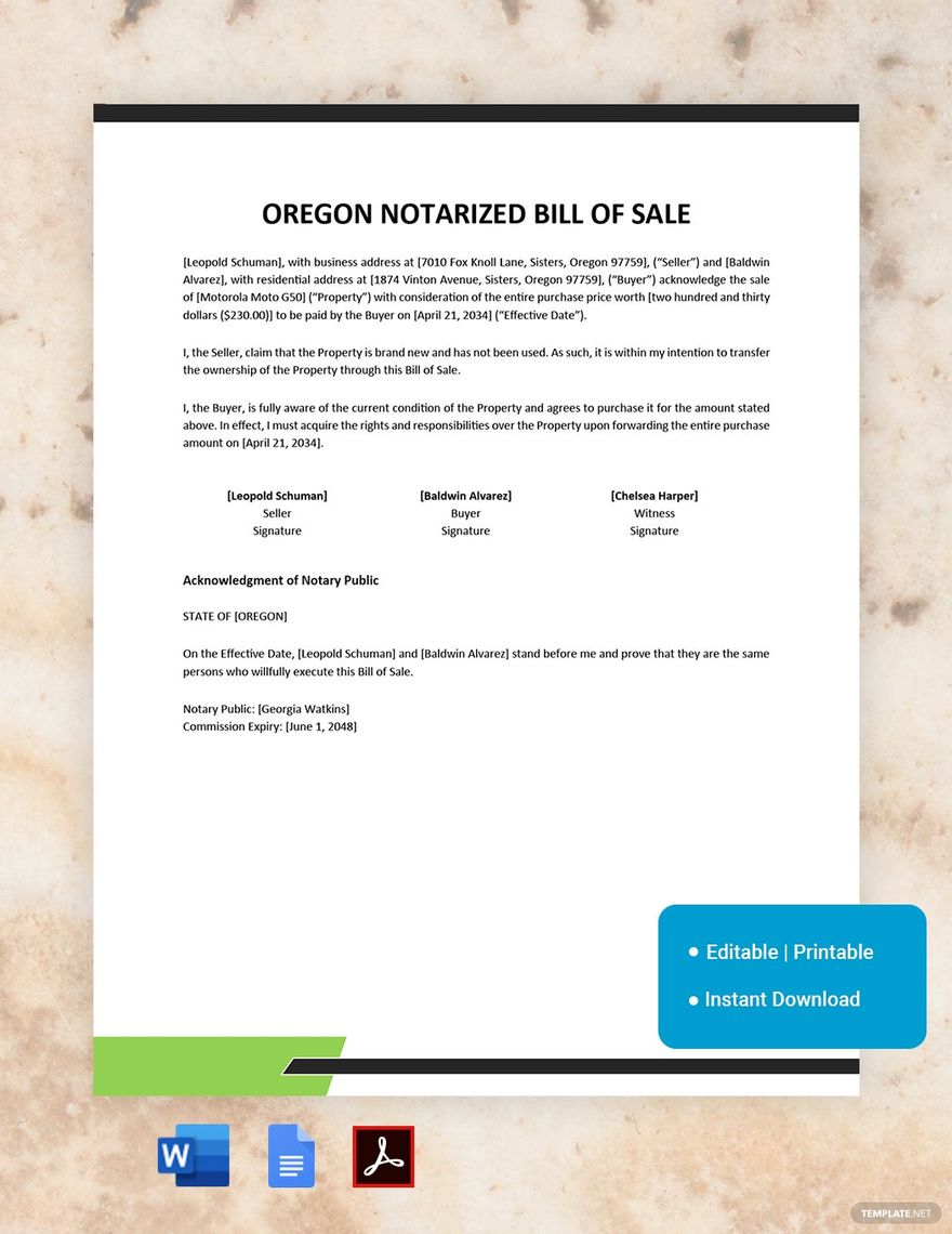 Oregon Notarized Bill Of Sale Template Google Docs Word PDF Template