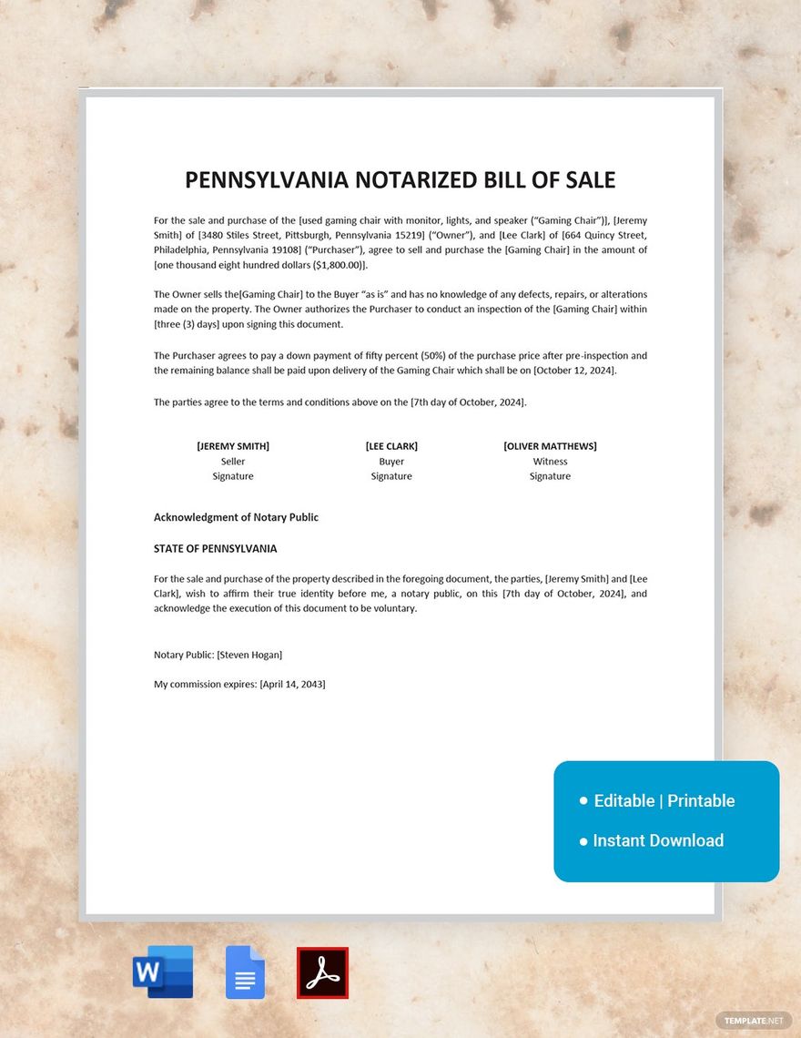 Pennsylvania Notarized Bill of Sale Template