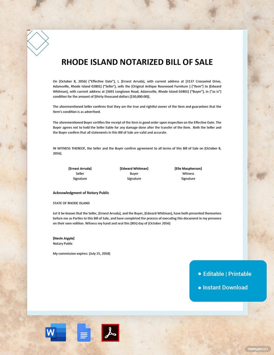 Rhode Island Notarized Bill of Sale Template