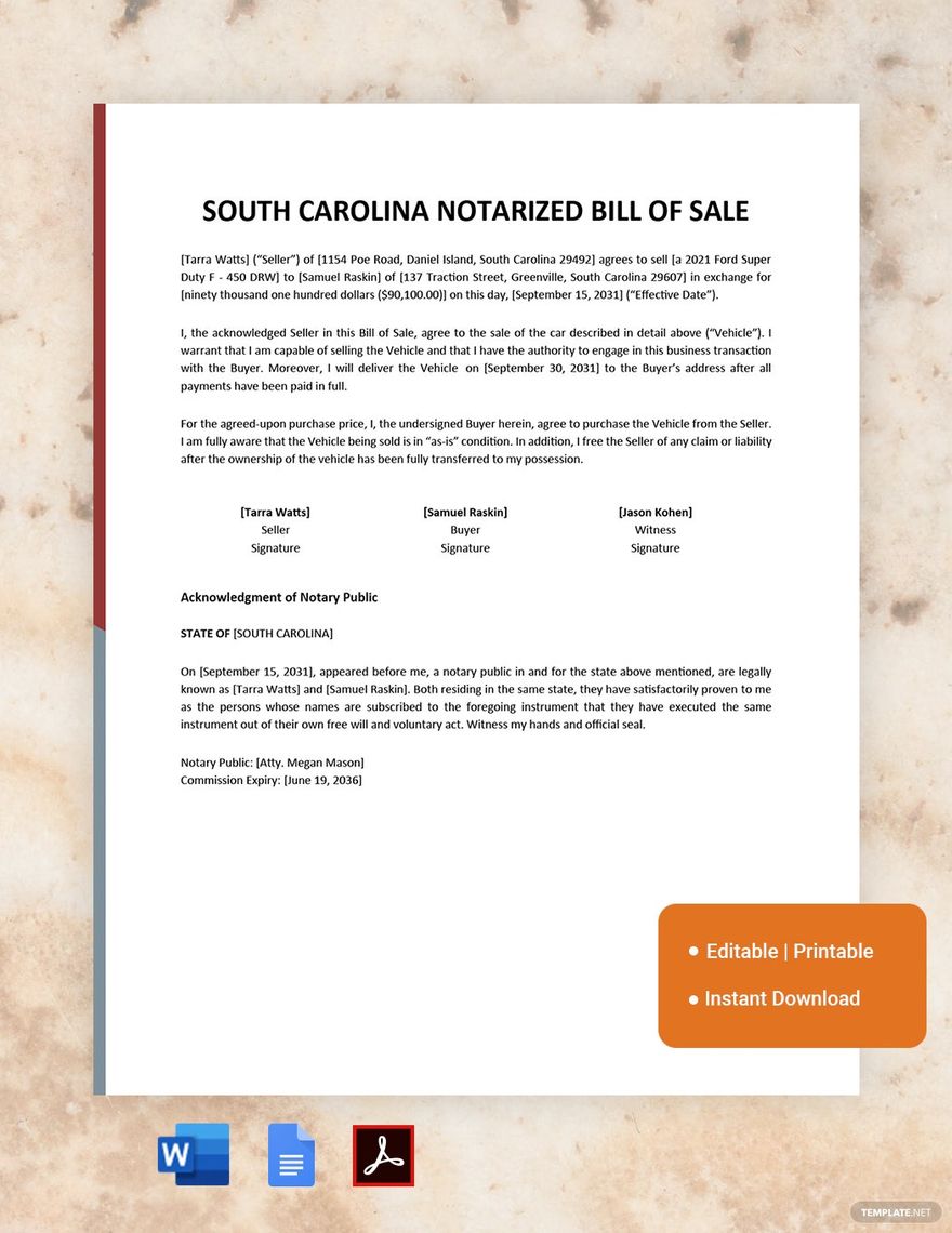 South Carolina Notarized Bill Of Sale Template Google Docs Word PDF Template