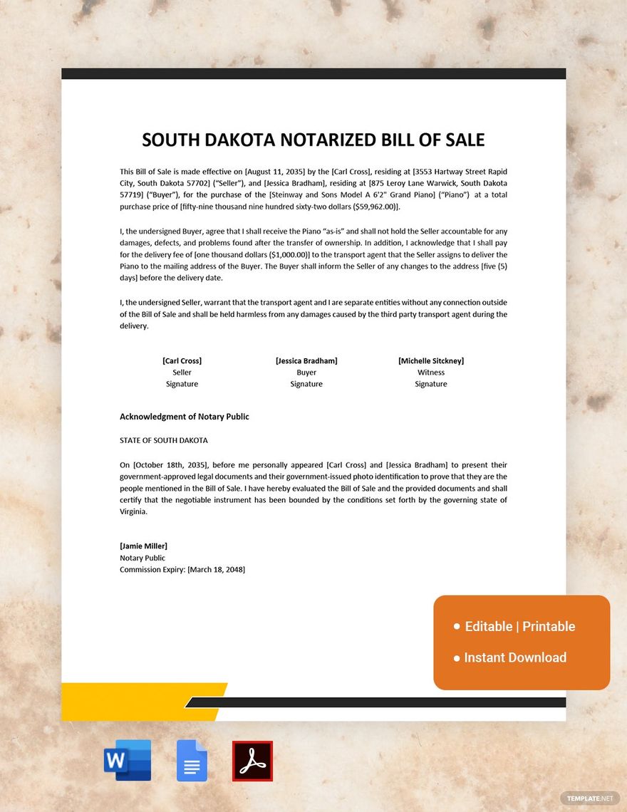South Dakota Notarized Bill of Sale Template