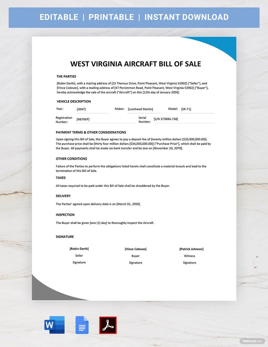 West Virginia Aircraft / Airplane Bill of Sale Template
