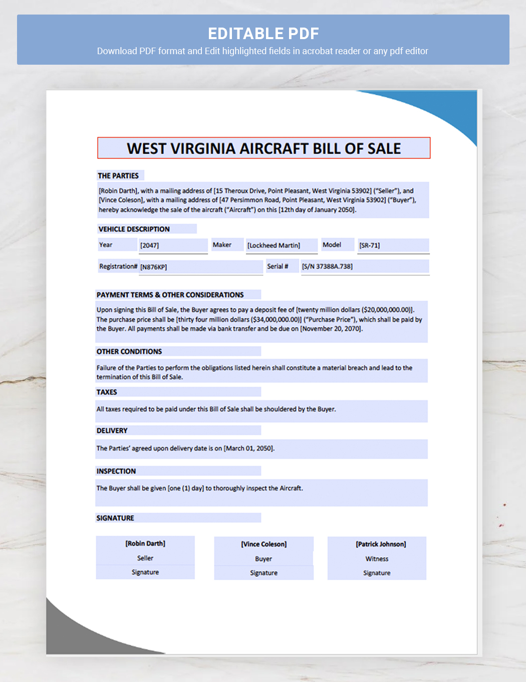 West Virginia Aircraft / Airplane Bill of Sale Template