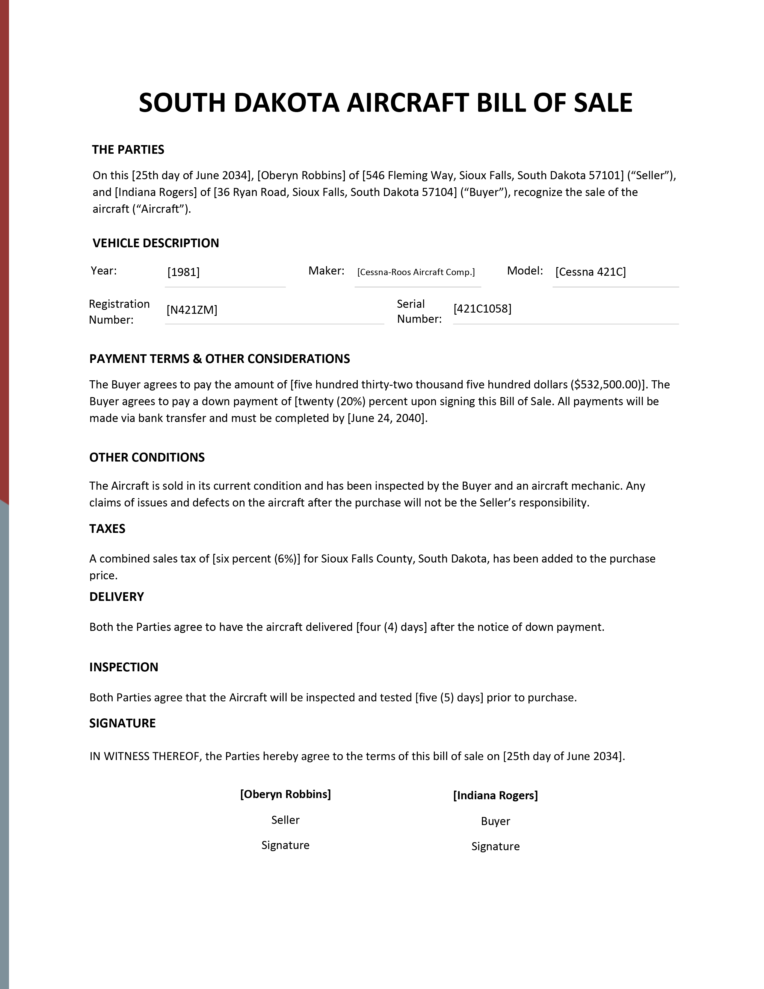 Indiana Aircraft / Airplane Bill of Sale Template Google Docs, Word