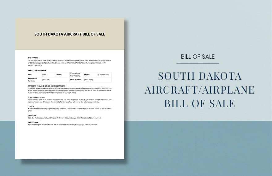 Free South Dakota Aircraft / Airplane Bill of Sale Form Template