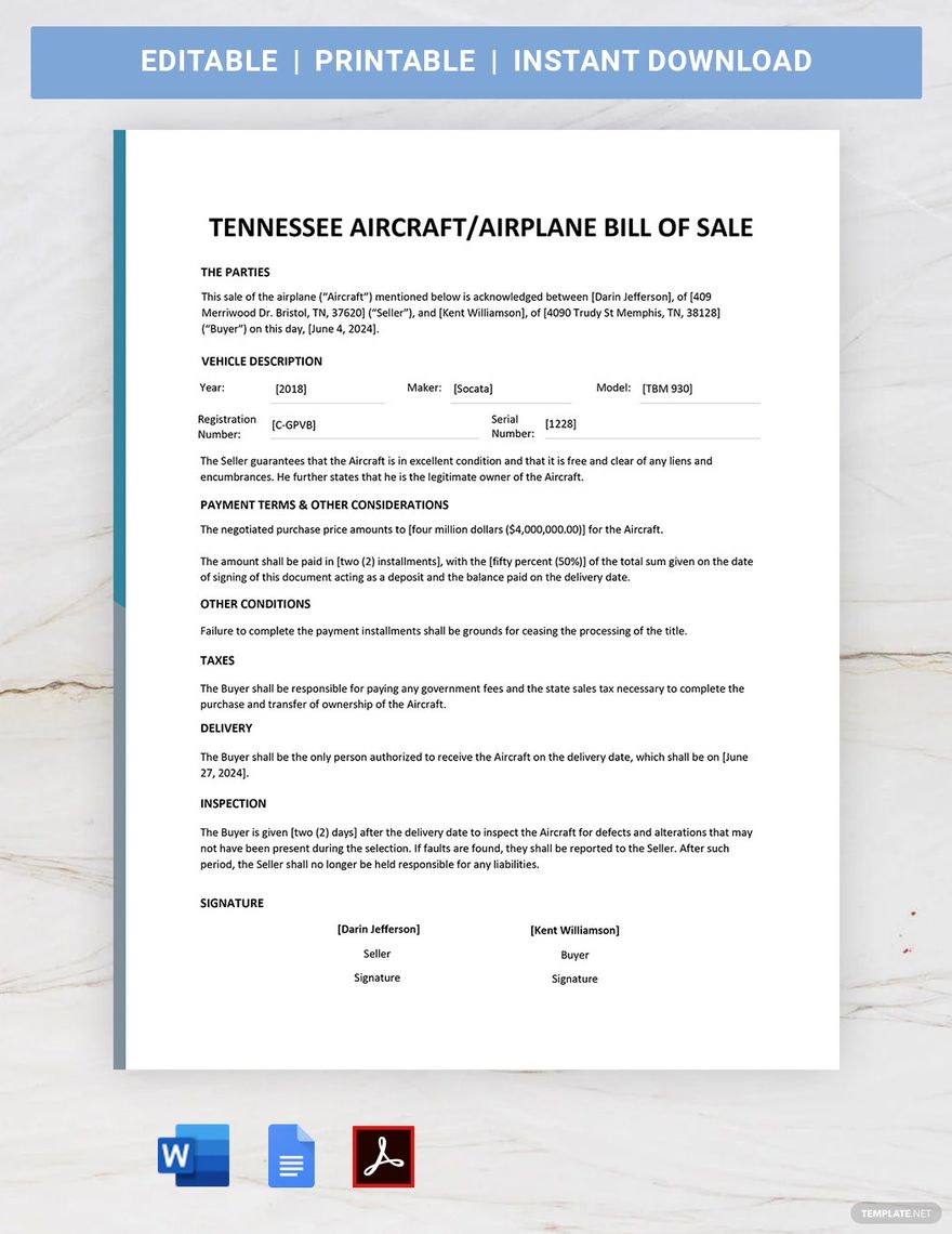 Tennessee Aircraft  Airplane Bill of Sale Template