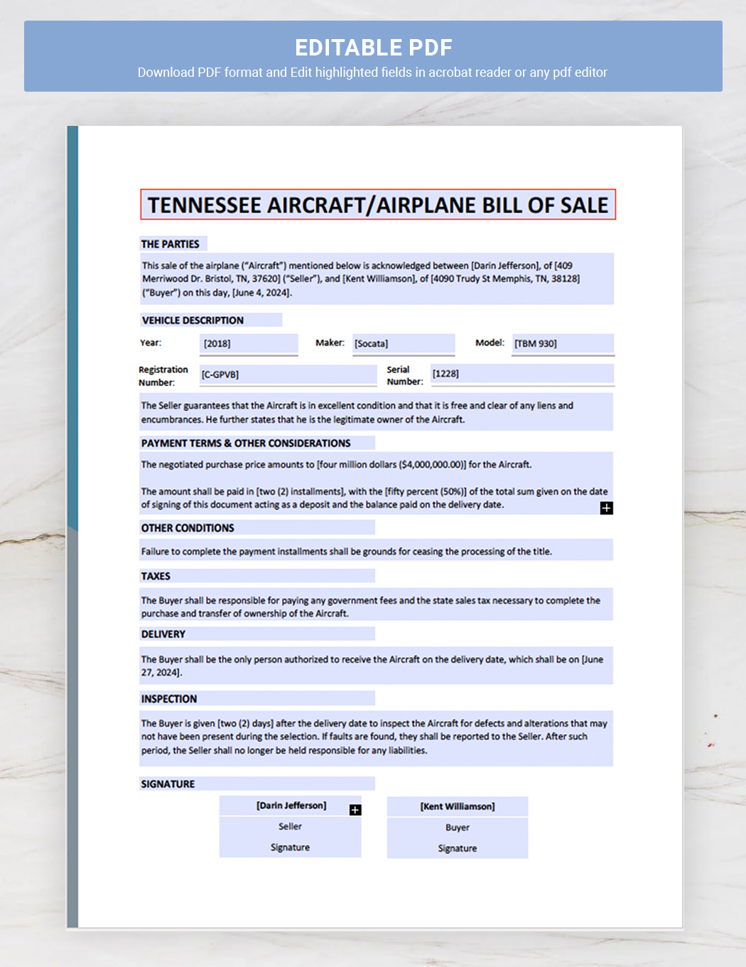 Tennessee Aircraft  Airplane Bill of Sale Template