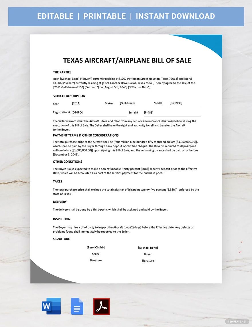 Texas Aircraft / Airplane Bill of Sale Template in Word, Google Docs, PDF