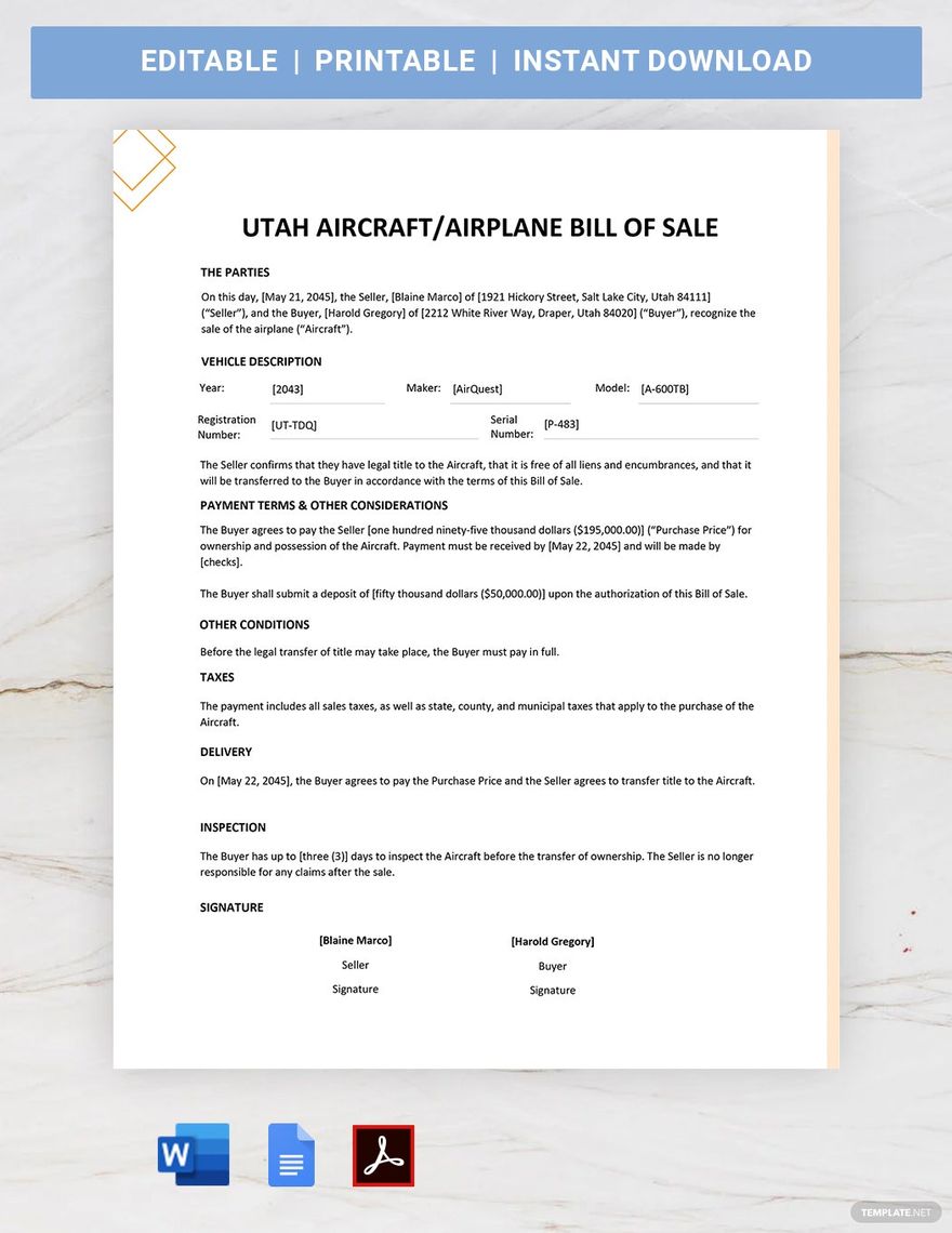 Utah Aircraft / Airplane Bill of Sale Template in Word, Google Docs, PDF