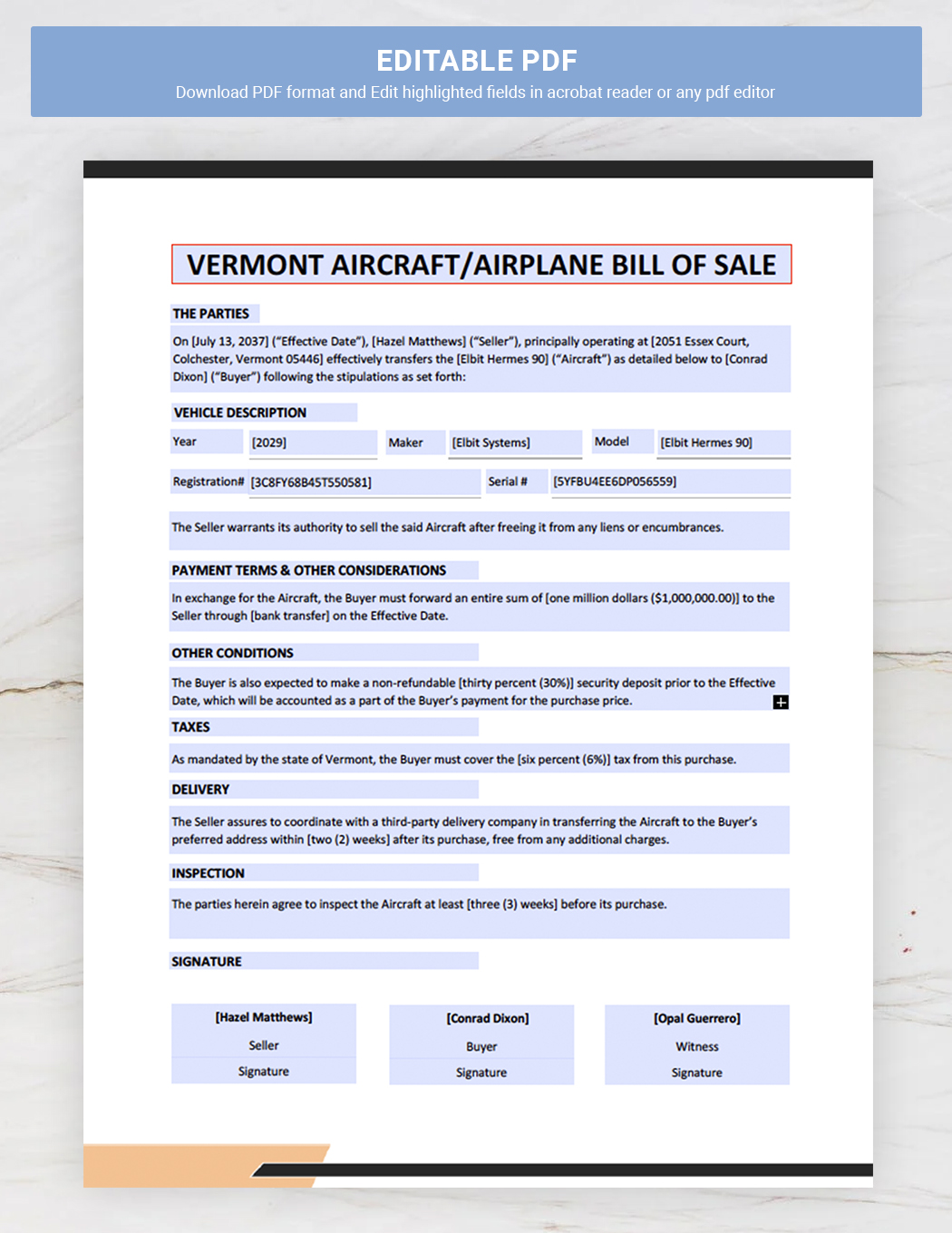 Vermont Aircraft / Airplane Bill of Sale Template