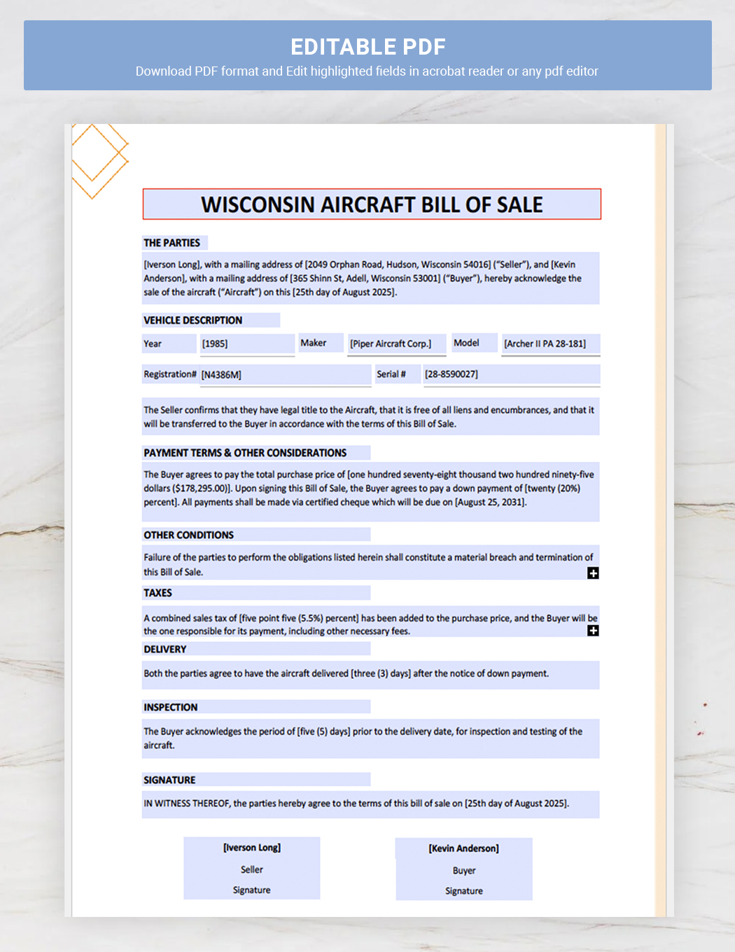 Wisconsin Aircraft / Airplane Bill of Sale Template