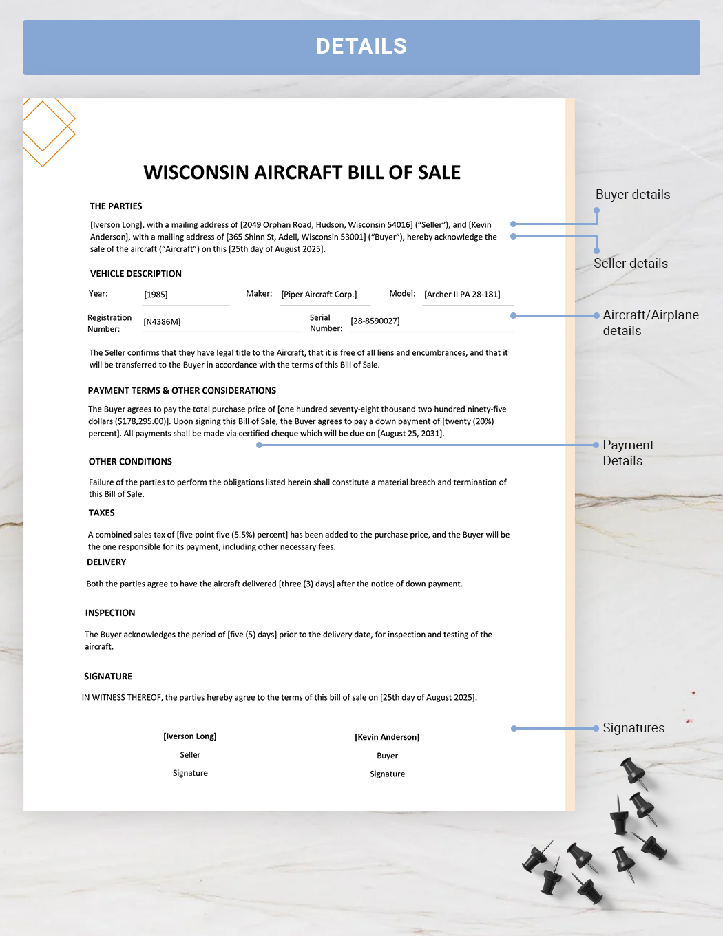 Wisconsin Aircraft / Airplane Bill of Sale Template
