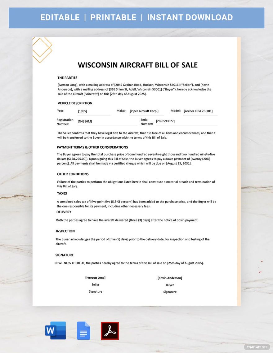 Wisconsin Aircraft / Airplane Bill of Sale Template in Word, Google Docs, PDF