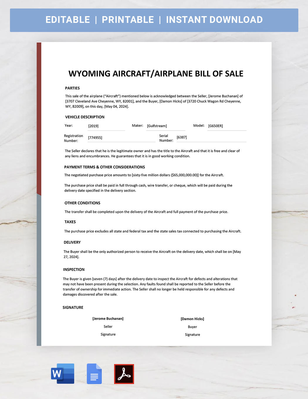 Oregon Aircraft/Airplane Bill of Sale Template - Google Docs, Word, PDF ...