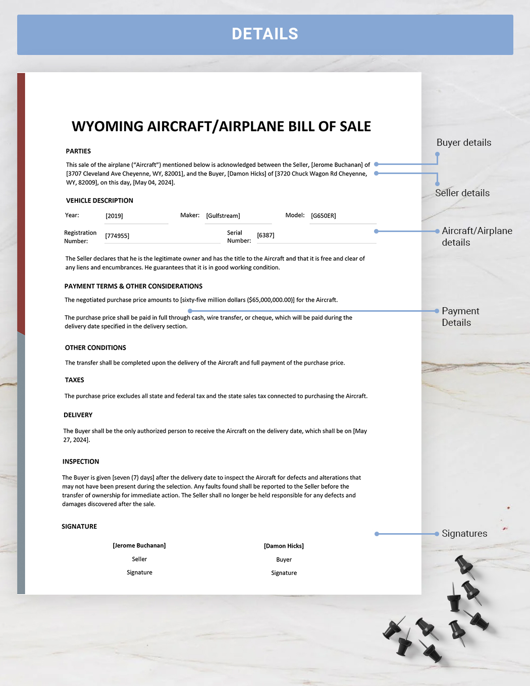Wyoming Aircraft / Airplane Bill of Sale Template