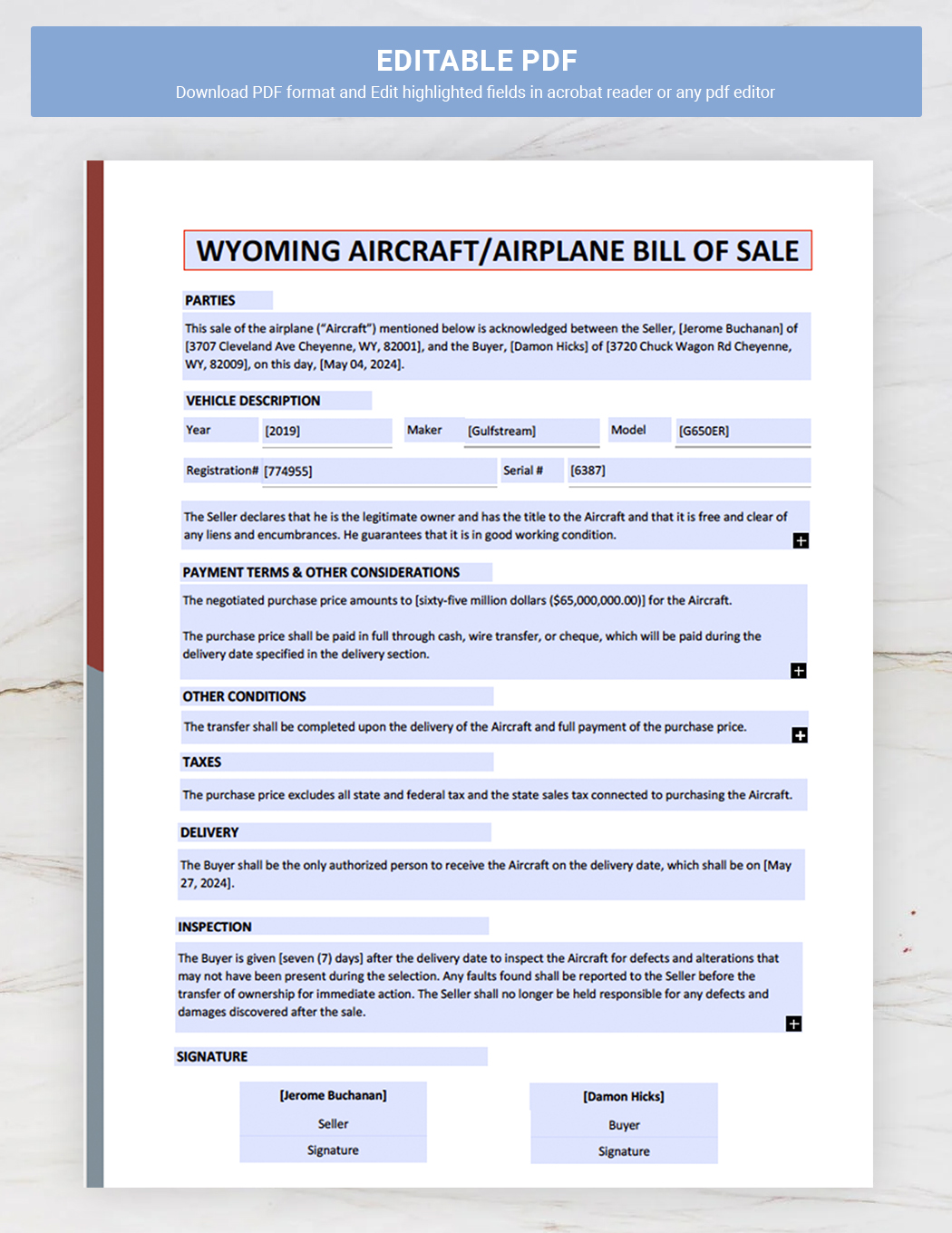 Wyoming Aircraft / Airplane Bill of Sale Template