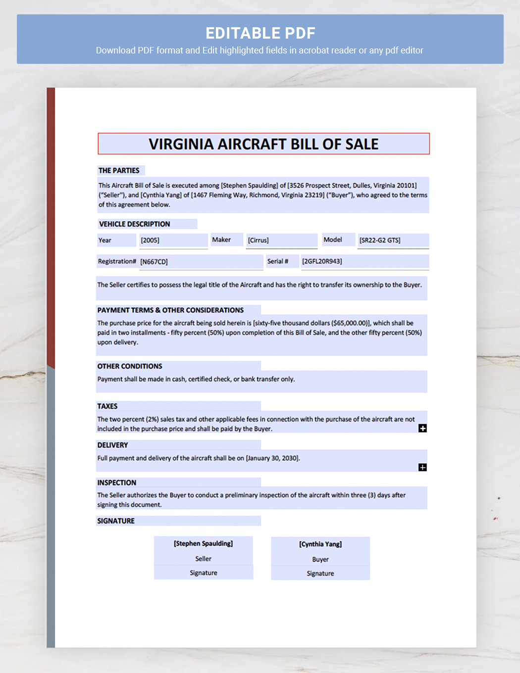 Virginia Aircraft / Airplane Bill of Sale Template