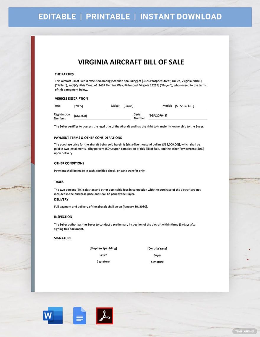 Virginia Aircraft / Airplane Bill of Sale Template in Word, Google Docs, PDF