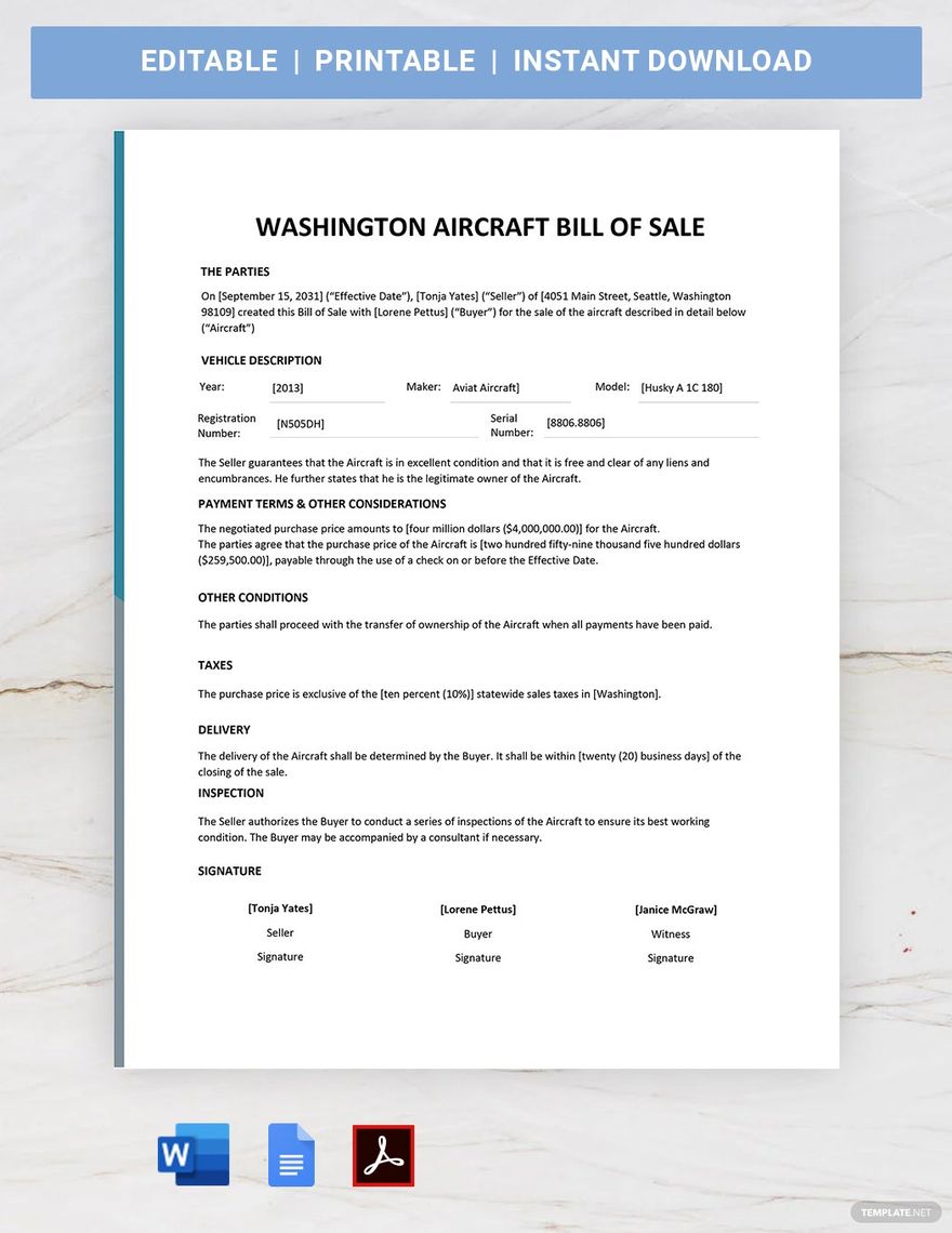 Washington Aircraft  Airplane Bill Of Sale Template in Word, Google Docs, PDF