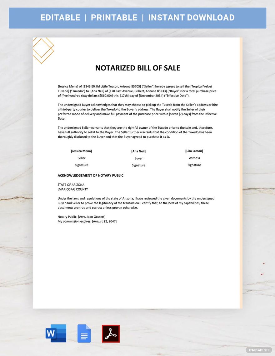 Notarized Bill of Sale Template